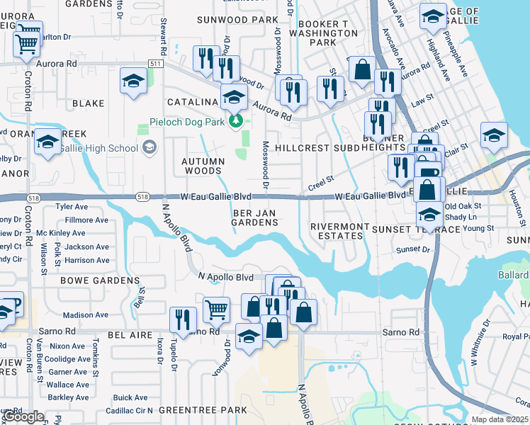 map of restaurants, bars, coffee shops, grocery stores, and more near 1306 Mosswood Drive in Melbourne