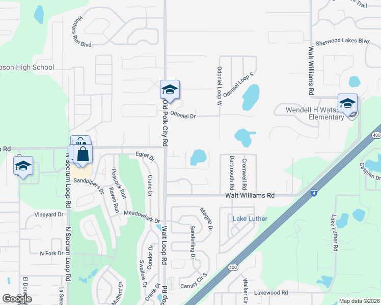 map of restaurants, bars, coffee shops, grocery stores, and more near 1037 Hidden Court in Lakeland