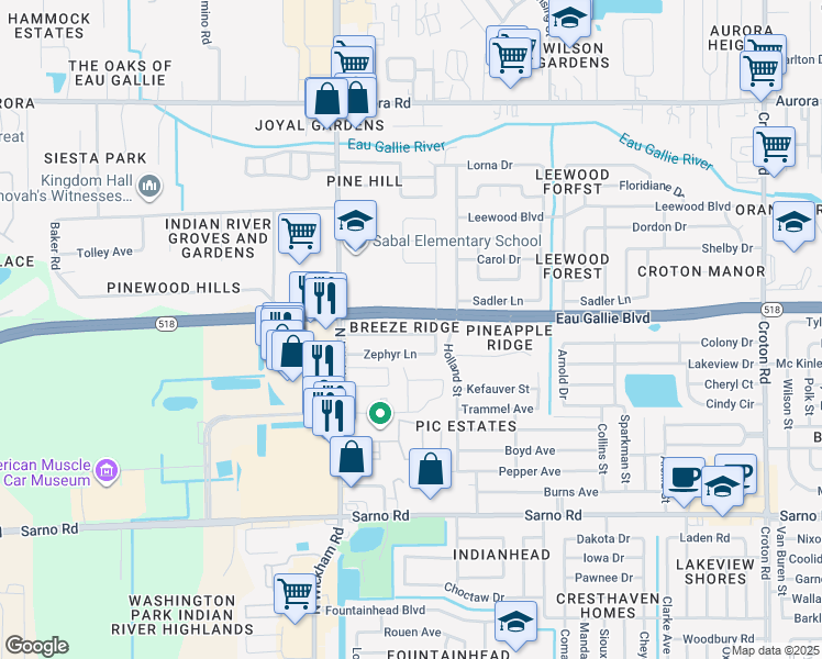 map of restaurants, bars, coffee shops, grocery stores, and more near 2790 Tropic Road in Melbourne