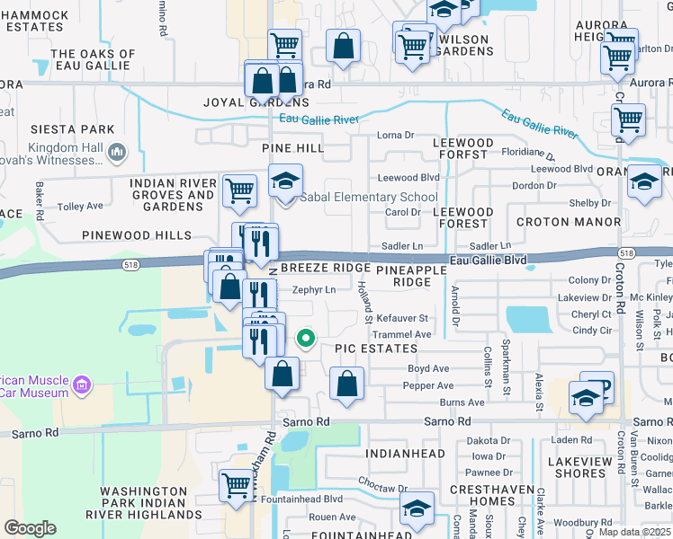 map of restaurants, bars, coffee shops, grocery stores, and more near 2790 Tropic Road in Melbourne