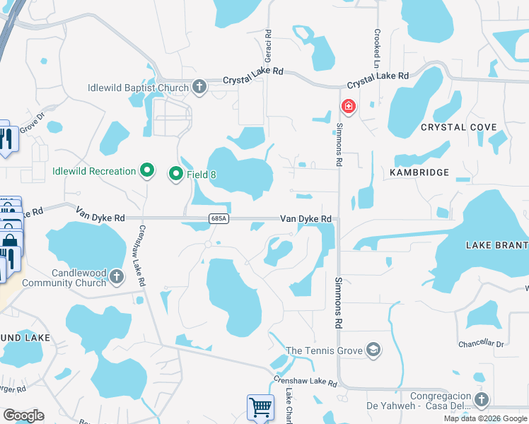 map of restaurants, bars, coffee shops, grocery stores, and more near 1103 Van Dyke Road in Lutz