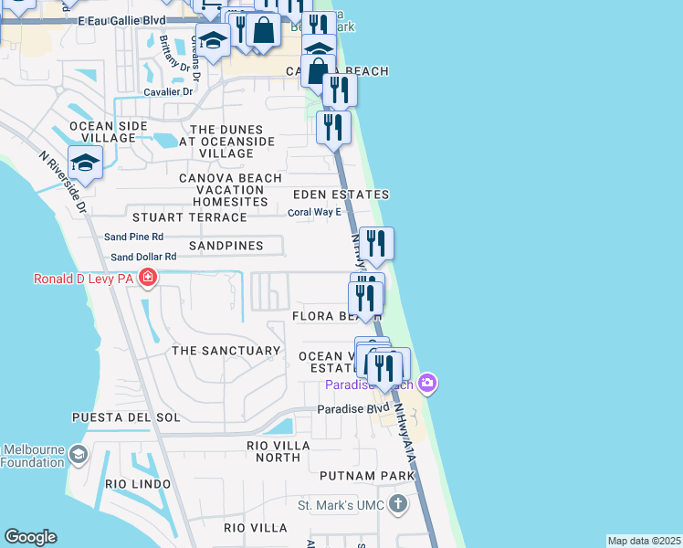 map of restaurants, bars, coffee shops, grocery stores, and more near Ponce De Leon Drive in Indialantic