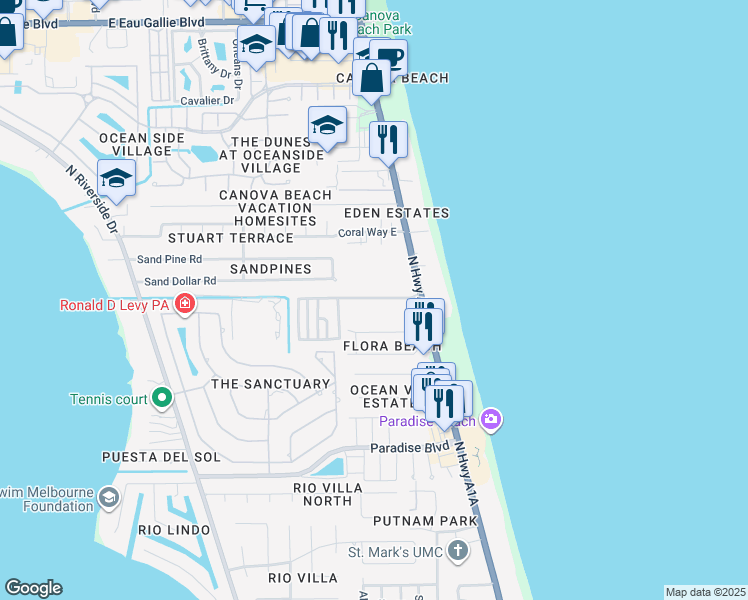 map of restaurants, bars, coffee shops, grocery stores, and more near Ponce De Leon Drive in Indialantic