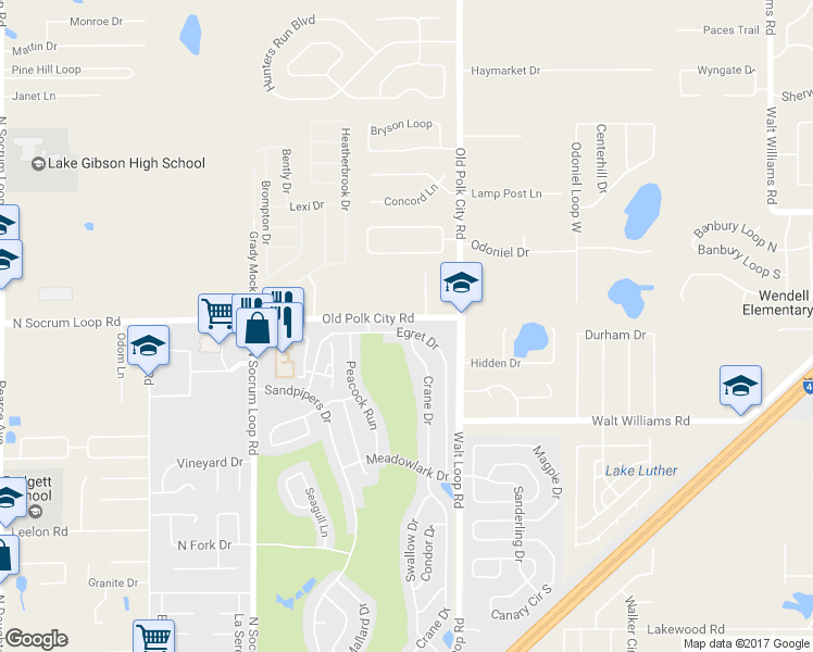 map of restaurants, bars, coffee shops, grocery stores, and more near 6303 Egret Drive in Lakeland