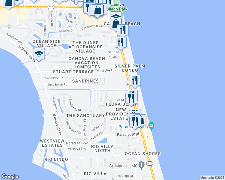 map of restaurants, bars, coffee shops, grocery stores, and more near Ponce De Leon Drive in Indialantic