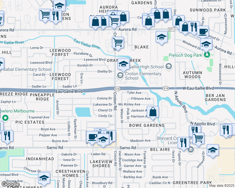 map of restaurants, bars, coffee shops, grocery stores, and more near 1301 Croton Road in Melbourne
