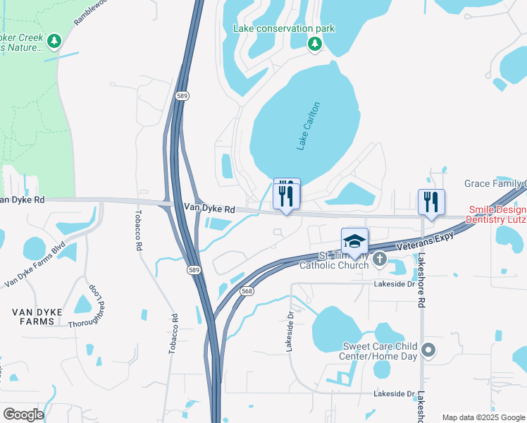 map of restaurants, bars, coffee shops, grocery stores, and more near 6242 Van Dyke Road in Lutz