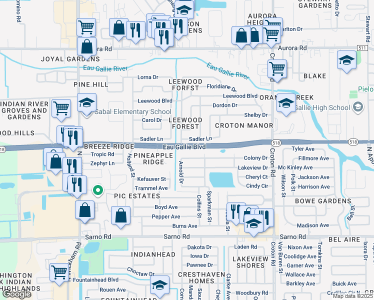 map of restaurants, bars, coffee shops, grocery stores, and more near 2401 West Eau Gallie Boulevard in Melbourne