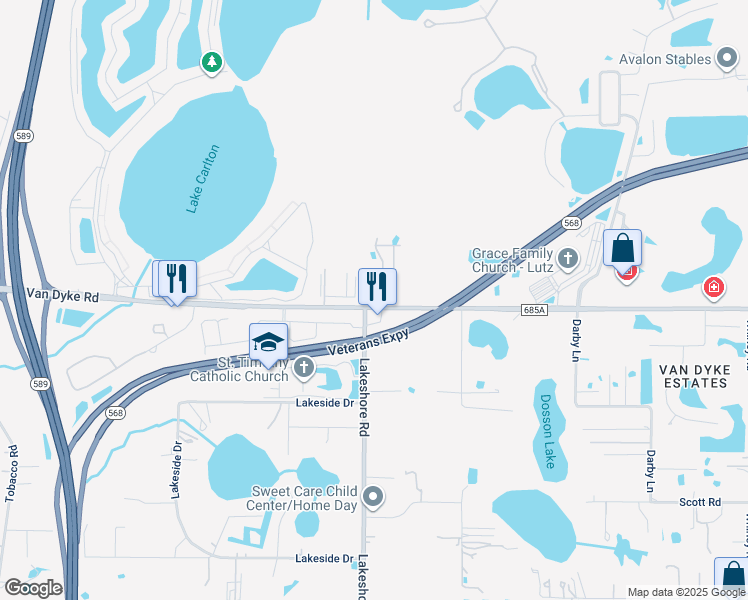 map of restaurants, bars, coffee shops, grocery stores, and more near 5519 Van Dyke Road in Lutz