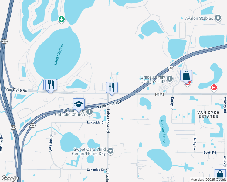 map of restaurants, bars, coffee shops, grocery stores, and more near 5519 Van Dyke Road in Lutz