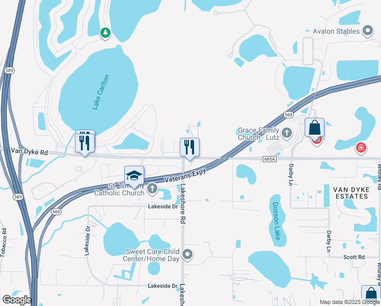 map of restaurants, bars, coffee shops, grocery stores, and more near 5519 Van Dyke Road in Lutz