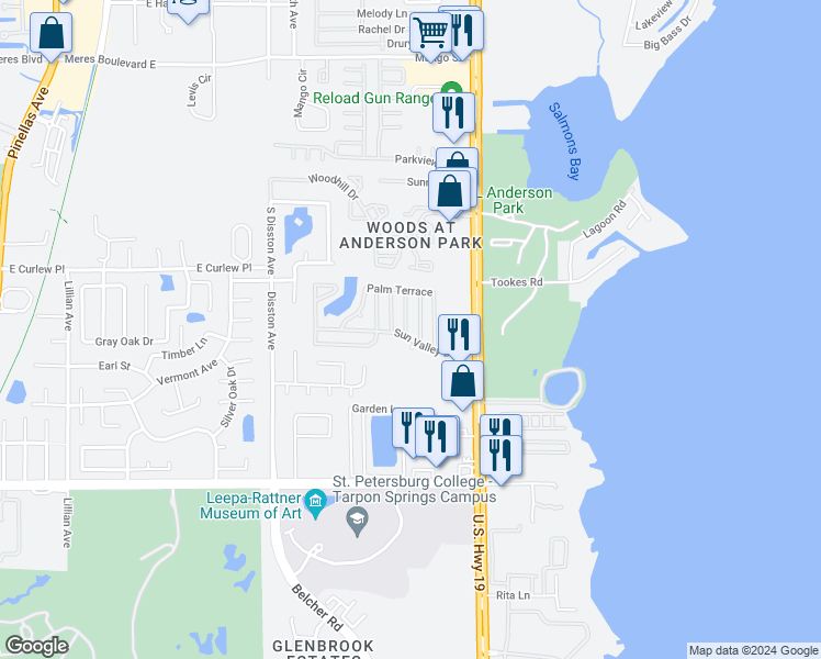 map of restaurants, bars, coffee shops, grocery stores, and more near 305 Oceanview Avenue in Tarpon Springs