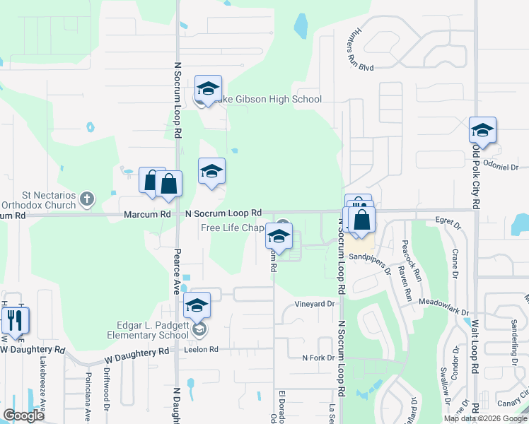 map of restaurants, bars, coffee shops, grocery stores, and more near 6630 Odom Road in Lakeland