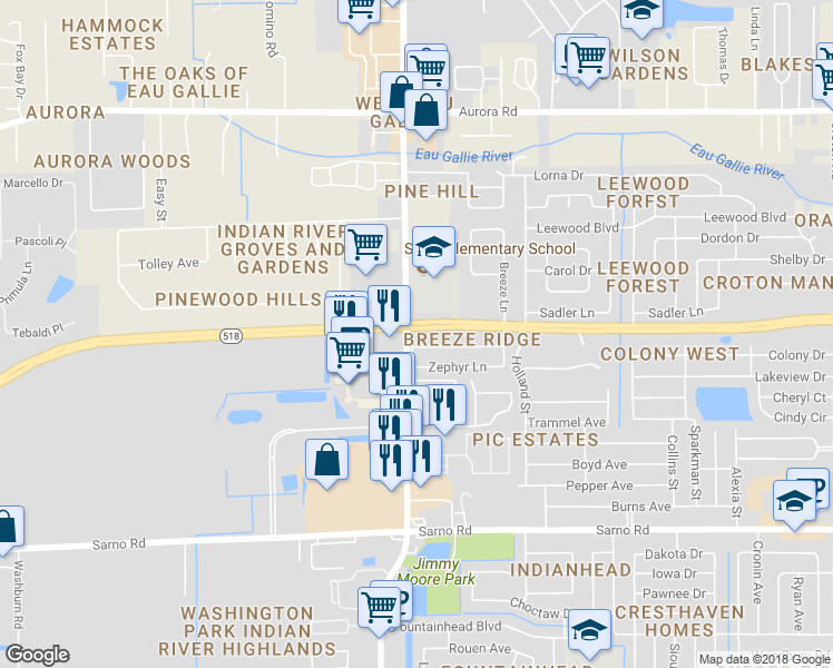map of restaurants, bars, coffee shops, grocery stores, and more near 1323 Whispering Way in Melbourne
