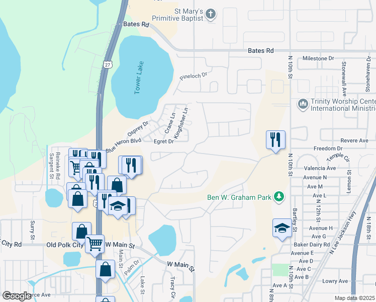 map of restaurants, bars, coffee shops, grocery stores, and more near 2301 Paulette Drive in Haines City