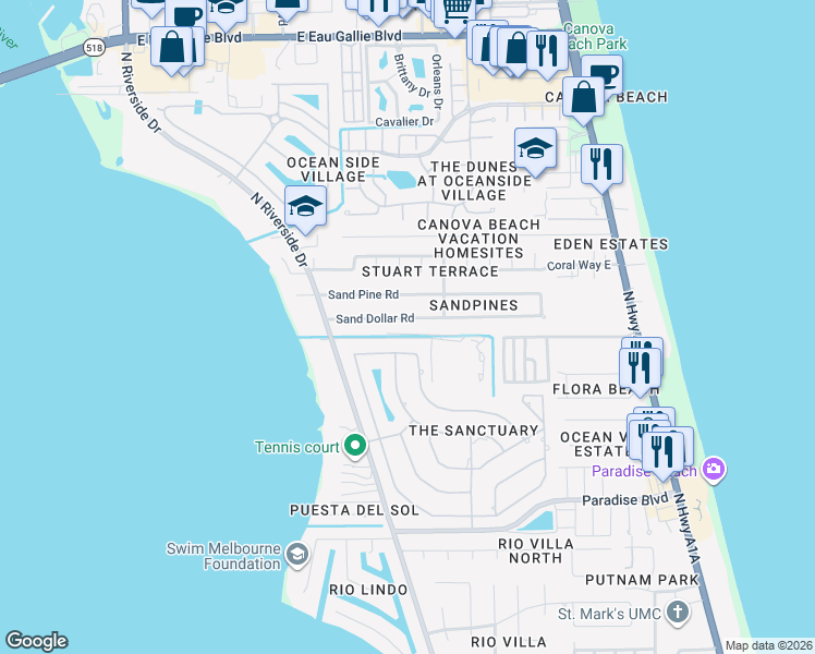 map of restaurants, bars, coffee shops, grocery stores, and more near 822 Sanderling Drive in Indialantic