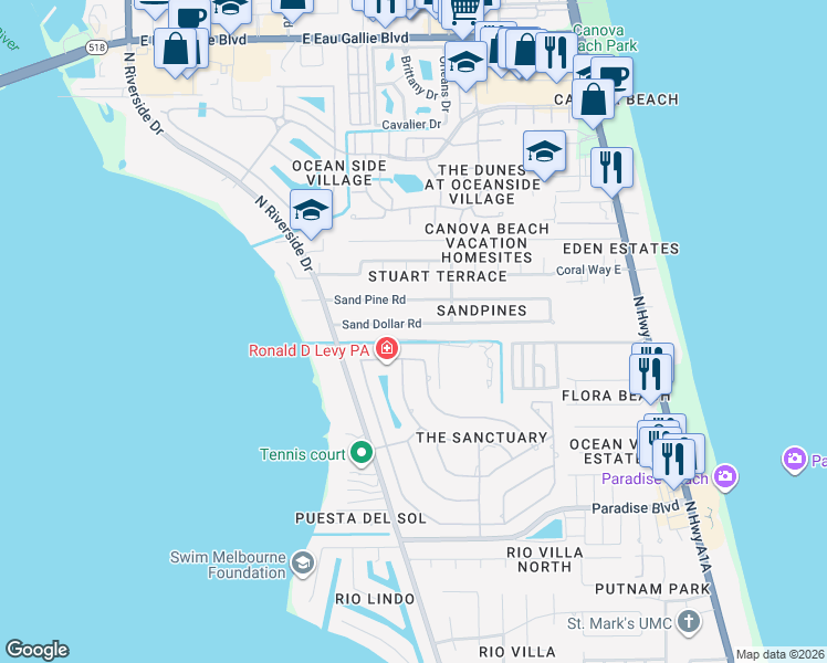 map of restaurants, bars, coffee shops, grocery stores, and more near 822 Sanderling Drive in Indialantic