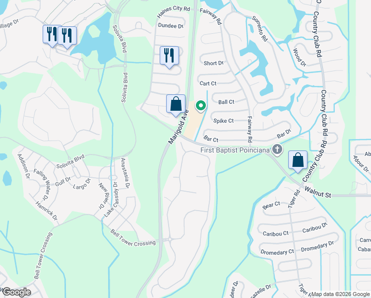 map of restaurants, bars, coffee shops, grocery stores, and more near 300 Grand Canal Drive in Poinciana