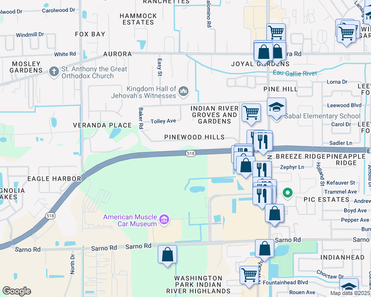 map of restaurants, bars, coffee shops, grocery stores, and more near 3470 West Eau Gallie Boulevard in Melbourne