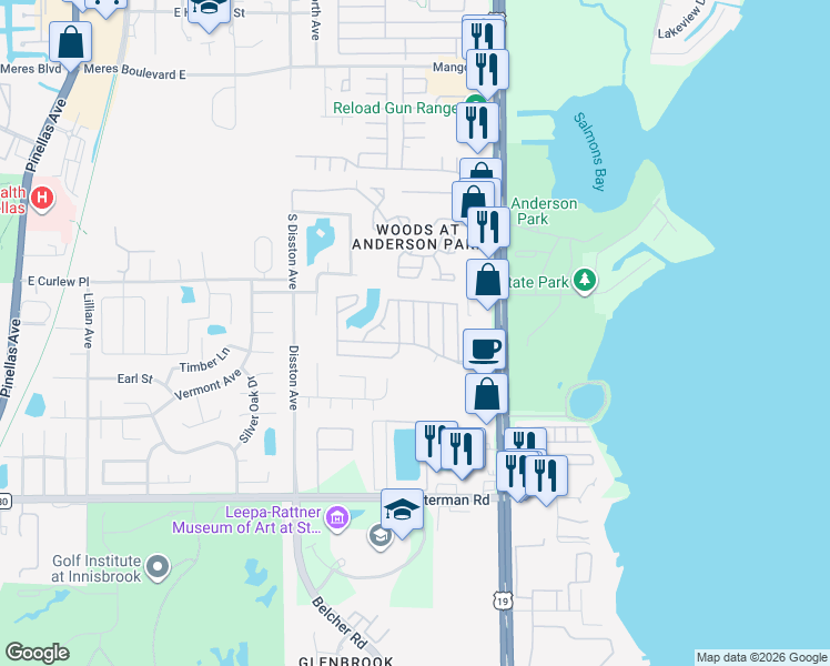 map of restaurants, bars, coffee shops, grocery stores, and more near 363 Sun Valley Boulevard in Tarpon Springs