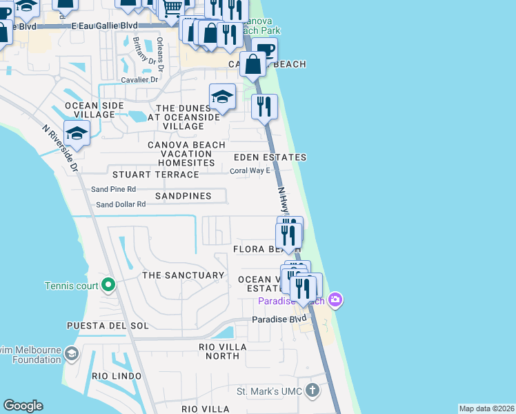 map of restaurants, bars, coffee shops, grocery stores, and more near 2700 North Highway A1A in Indialantic