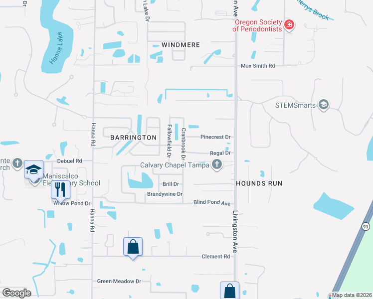 map of restaurants, bars, coffee shops, grocery stores, and more near 17717 Cranbrook Drive in Lutz