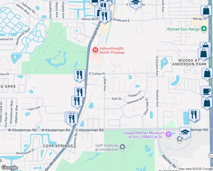 map of restaurants, bars, coffee shops, grocery stores, and more near 1702 Meadow Oak Lane in Tarpon Springs