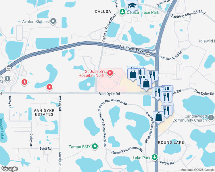 map of restaurants, bars, coffee shops, grocery stores, and more near 4211 Van Dyke Road in Lutz