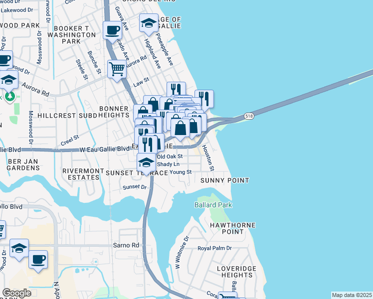 map of restaurants, bars, coffee shops, grocery stores, and more near 1300 Guava Avenue in Melbourne