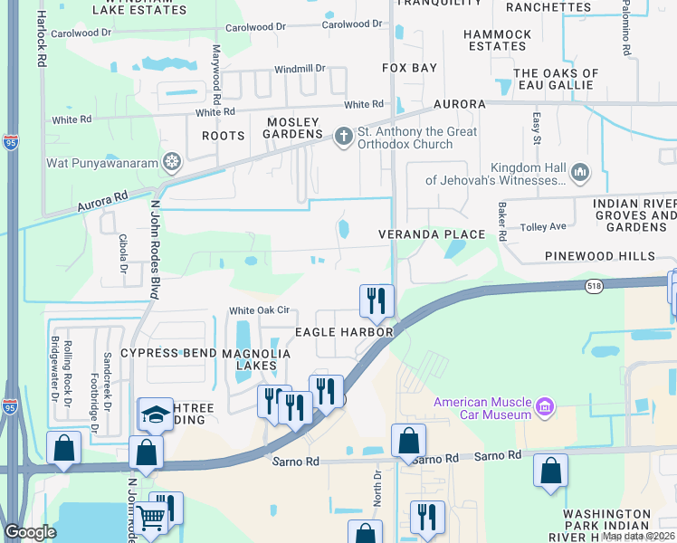 map of restaurants, bars, coffee shops, grocery stores, and more near 4001 Pinewood Road in Melbourne