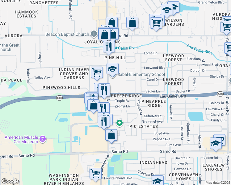 map of restaurants, bars, coffee shops, grocery stores, and more near 2910 West Eau Gallie Boulevard in Melbourne