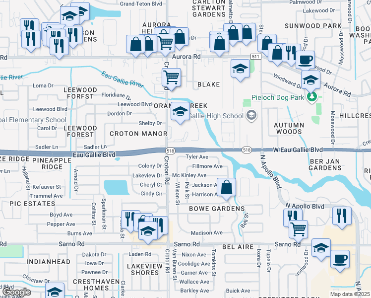 map of restaurants, bars, coffee shops, grocery stores, and more near 2020 West Eau Gallie Boulevard in Melbourne