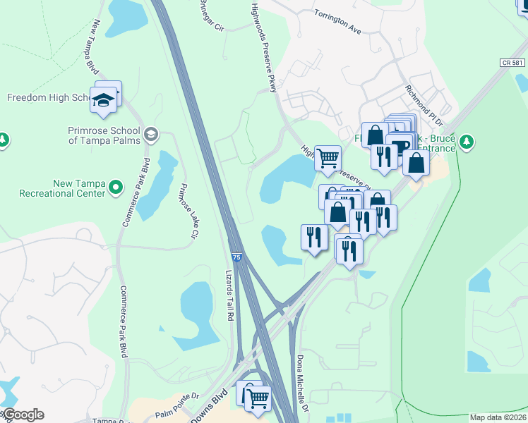 map of restaurants, bars, coffee shops, grocery stores, and more near 18210 Crane Nest Drive in Tampa