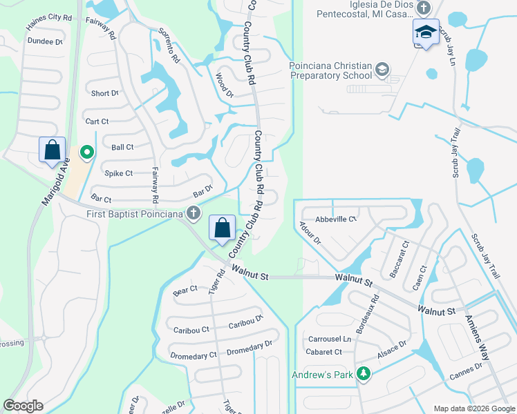 map of restaurants, bars, coffee shops, grocery stores, and more near 11 Country Club Road in Kissimmee
