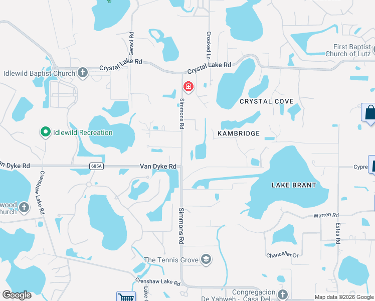 map of restaurants, bars, coffee shops, grocery stores, and more near 17803 Simmons Road in Lutz