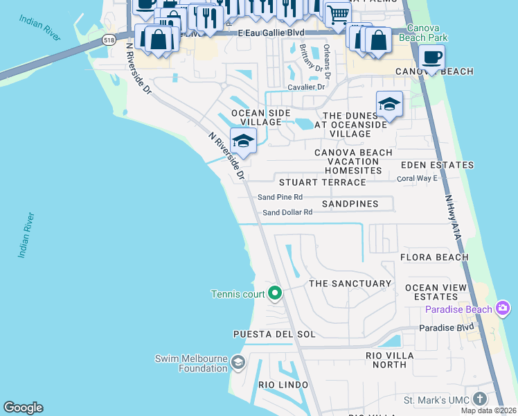 map of restaurants, bars, coffee shops, grocery stores, and more near 287 Sand Pine Road in Indialantic