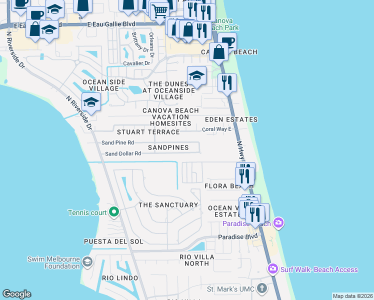 map of restaurants, bars, coffee shops, grocery stores, and more near 137 Sand Pine Road in Indialantic
