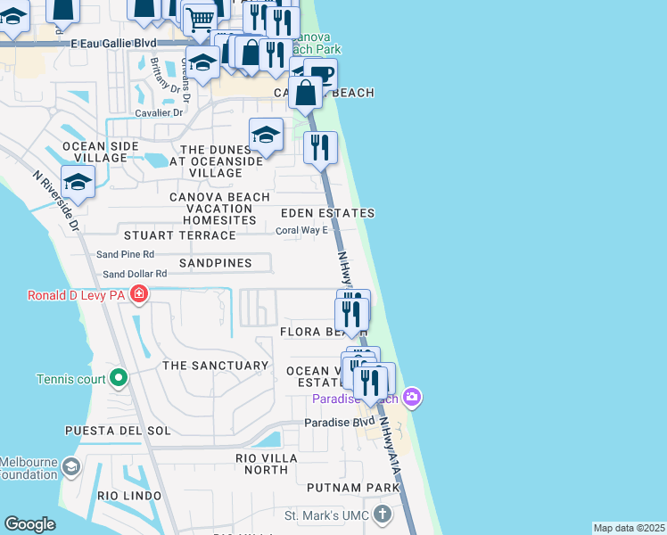 map of restaurants, bars, coffee shops, grocery stores, and more near 2727 North Highway A1A in Indialantic