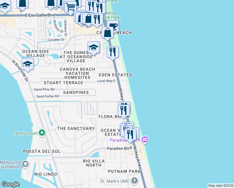 map of restaurants, bars, coffee shops, grocery stores, and more near 2727 North Highway A1A in Indialantic