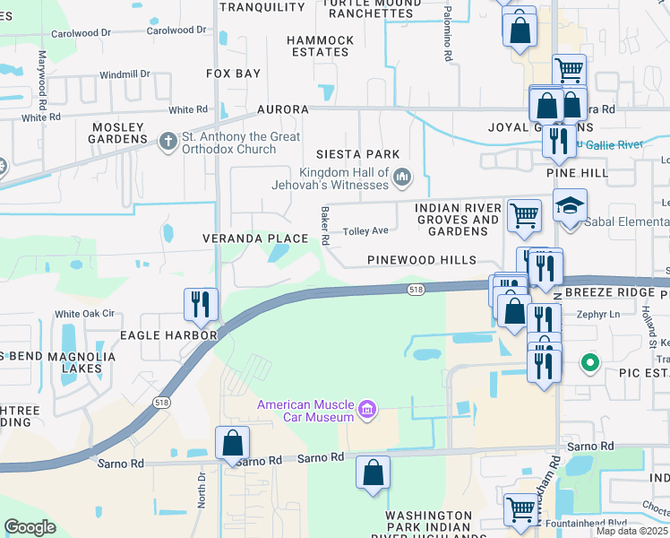 map of restaurants, bars, coffee shops, grocery stores, and more near 1977 Pinewood Road in Melbourne