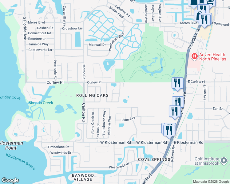 map of restaurants, bars, coffee shops, grocery stores, and more near 765 Sadlebrook Drive in Tarpon Springs