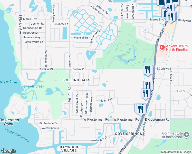 map of restaurants, bars, coffee shops, grocery stores, and more near 765 Sadlebrook Drive in Tarpon Springs