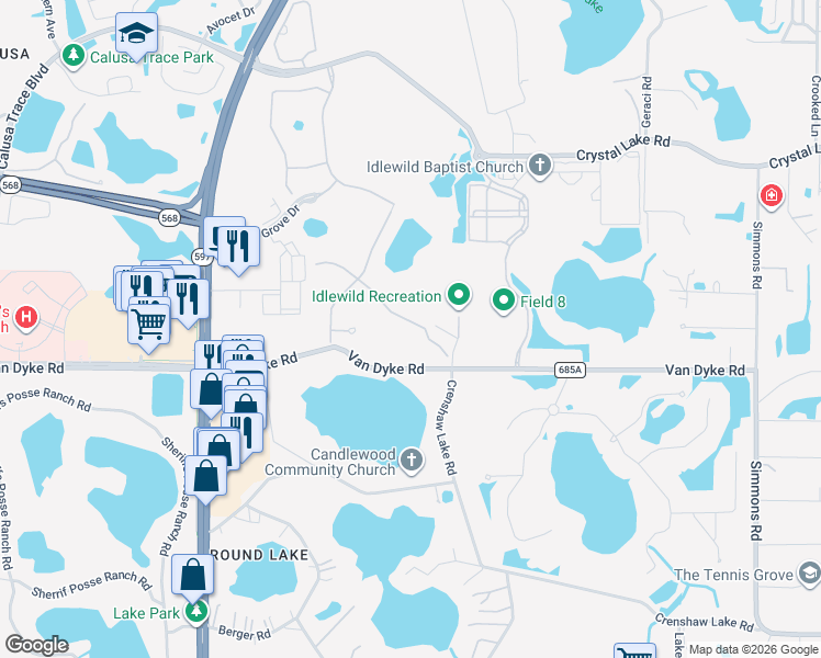 map of restaurants, bars, coffee shops, grocery stores, and more near 3526 Wicket Field Road in Lutz