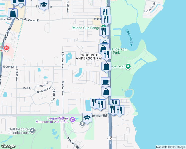 map of restaurants, bars, coffee shops, grocery stores, and more near Oceanview Avenue in Tarpon Springs