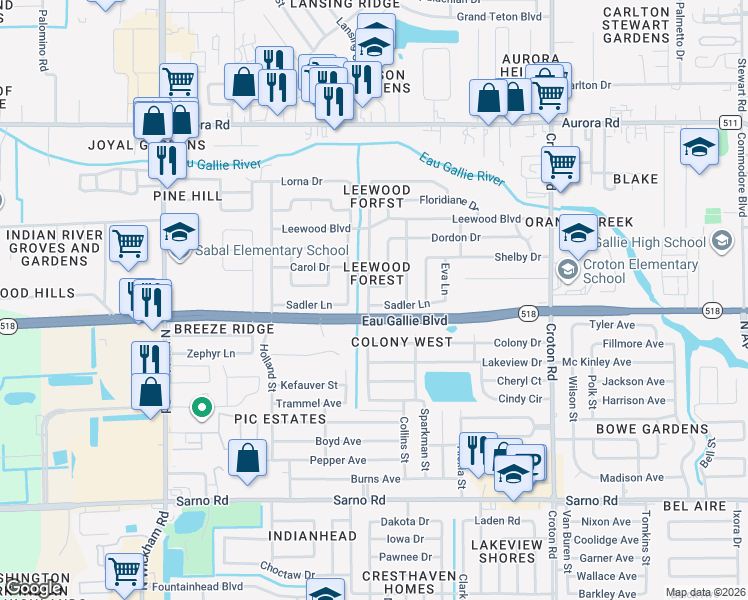 map of restaurants, bars, coffee shops, grocery stores, and more near 2476 Sadler Lane in Melbourne