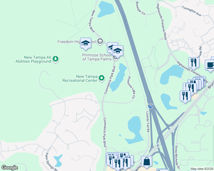 map of restaurants, bars, coffee shops, grocery stores, and more near 17300 Commerce Park Boulevard in Tampa