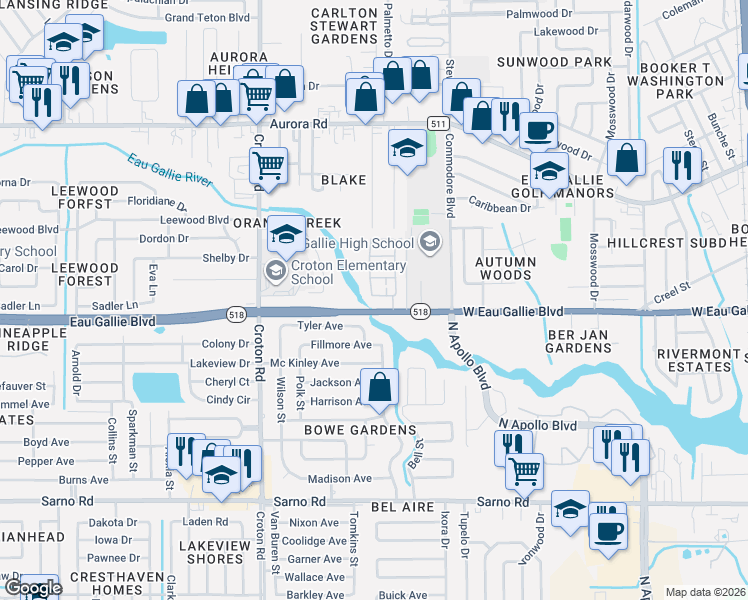 map of restaurants, bars, coffee shops, grocery stores, and more near 1390 Isabella Drive in Melbourne