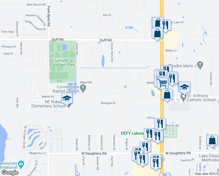map of restaurants, bars, coffee shops, grocery stores, and more near 1633 Saddlehorn Drive in Lakeland