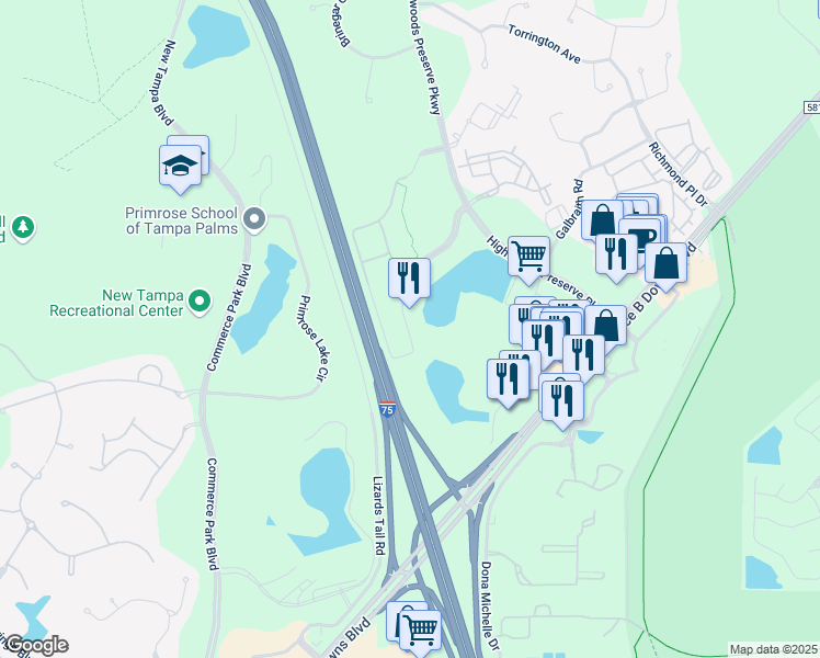 map of restaurants, bars, coffee shops, grocery stores, and more near 18212 Crane Nest Drive in Tampa