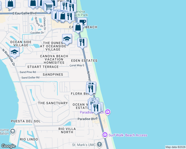 map of restaurants, bars, coffee shops, grocery stores, and more near 2727 North Highway A1A in Indialantic